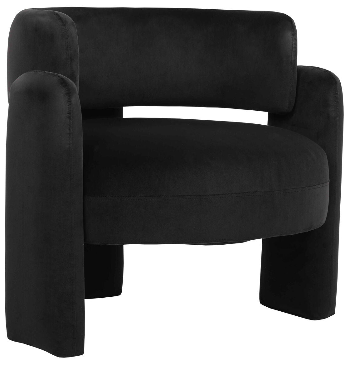 Curved black velvet chair featuring plush upholstery and rounded armrests, designed for comfort and style.