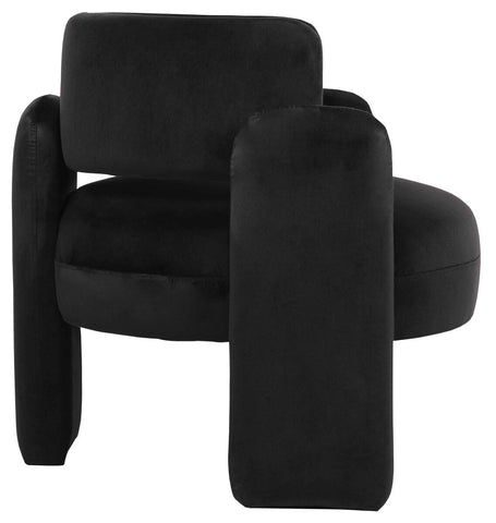 Curved black velvet chair featuring a plush seat and backrest, with rounded armrests that enhance comfort.
