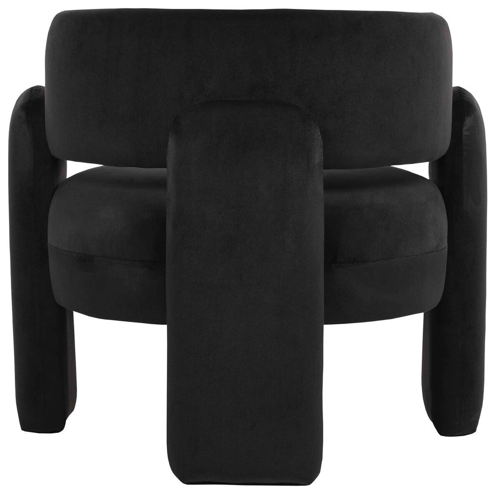 Curved black velvet chair featuring a plush, rounded backrest and thick, padded armrests.