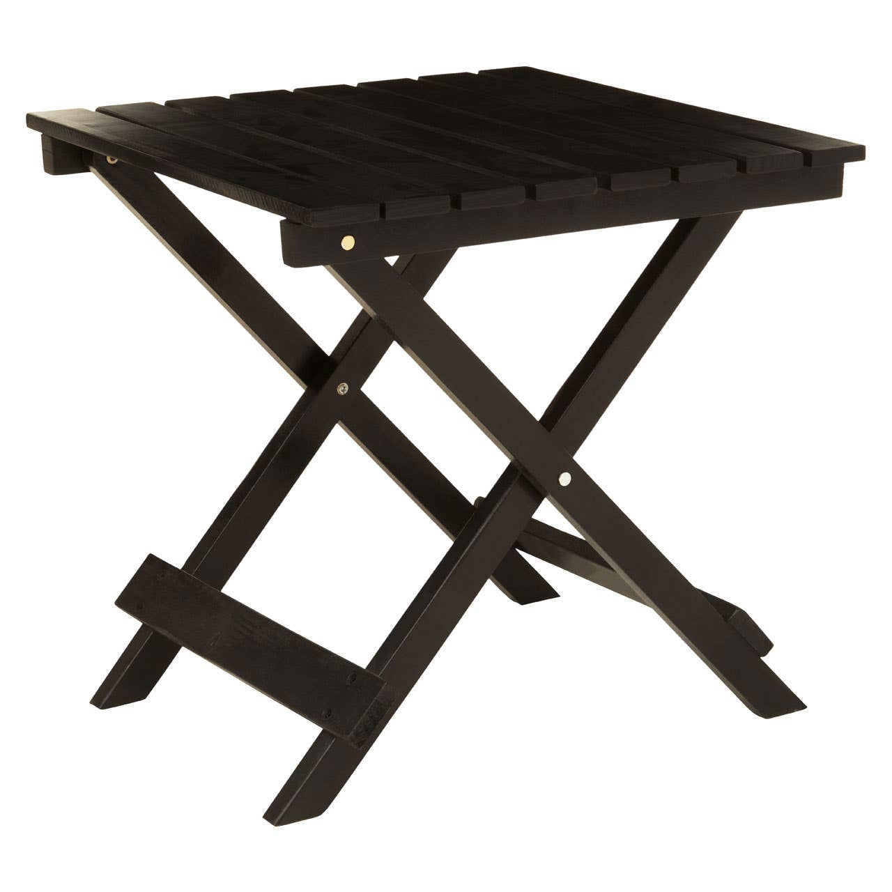 Black wood folding table with a square top and crossed legs, designed for easy storage and portability