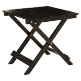 Black wood folding table with a square top and crossed legs, designed for easy storage and portability