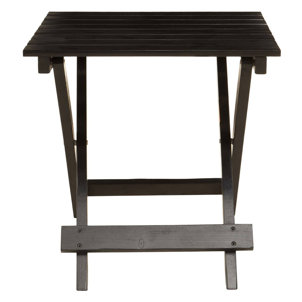 Black wood folding table with a rectangular top and sturdy, crossed legs for support. The table features a simple, modern design suitable for various home settings