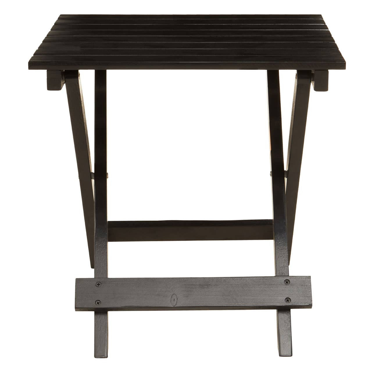 Black wood folding table with a rectangular top and sturdy, crossed legs for support. The table features a simple, modern design suitable for various home settings