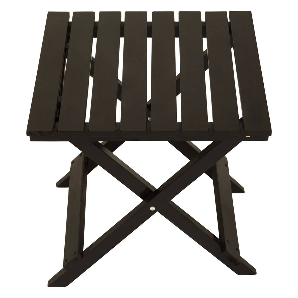 Black wood folding table with a slatted top and an X-shaped base, designed for easy storage and portability