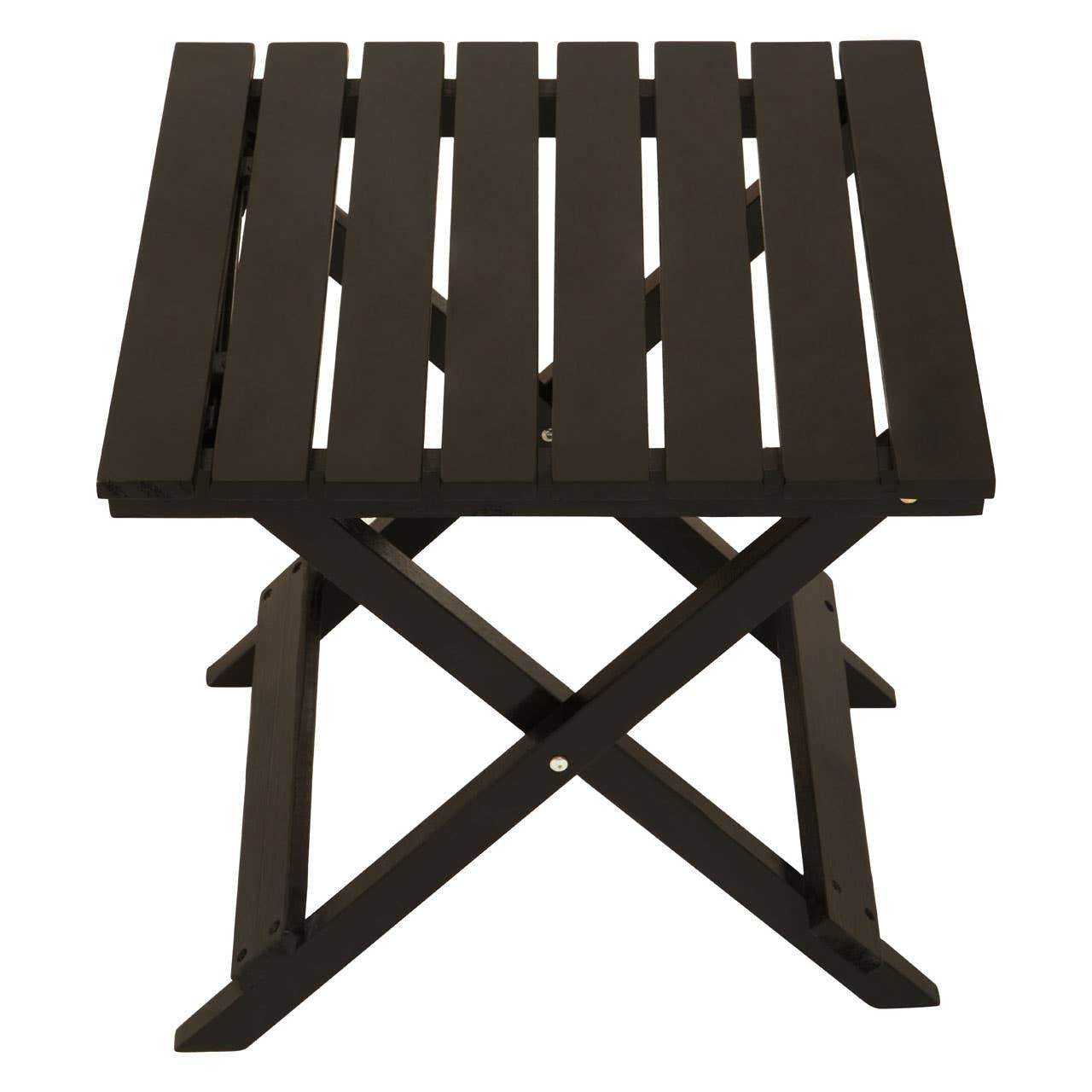 Black wood folding table with a slatted top and an X-shaped base, designed for easy storage and portability