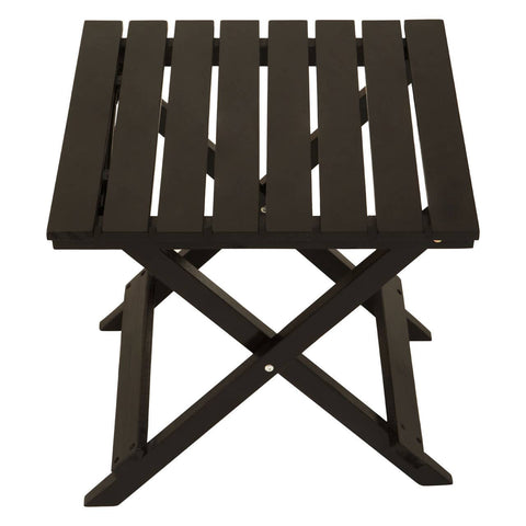 Black wood folding table with a slatted top and an X-shaped base, designed for easy storage and portability