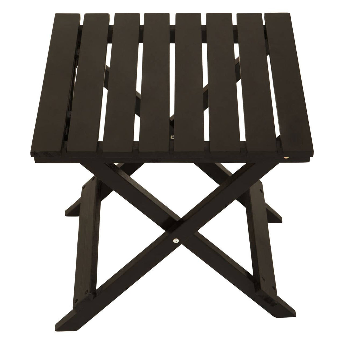 Black wood folding table with a slatted top and an X-shaped base, designed for easy storage and portability