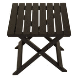 Black wood folding table with a slatted top and an X-shaped base, designed for easy storage and portability