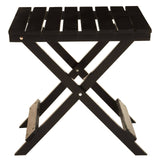 Black wood folding table with a slatted top and an X-shaped base, featuring two support bars on the sides for stability. The table is compact and designed for easy storage when not in use