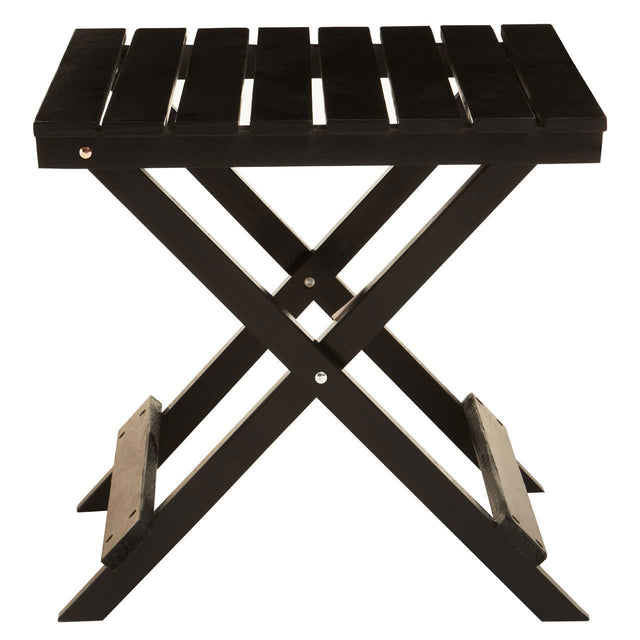 Black wood folding table with a slatted top and an X-shaped base, featuring two support bars on the sides for stability. The table is compact and designed for easy storage when not in use