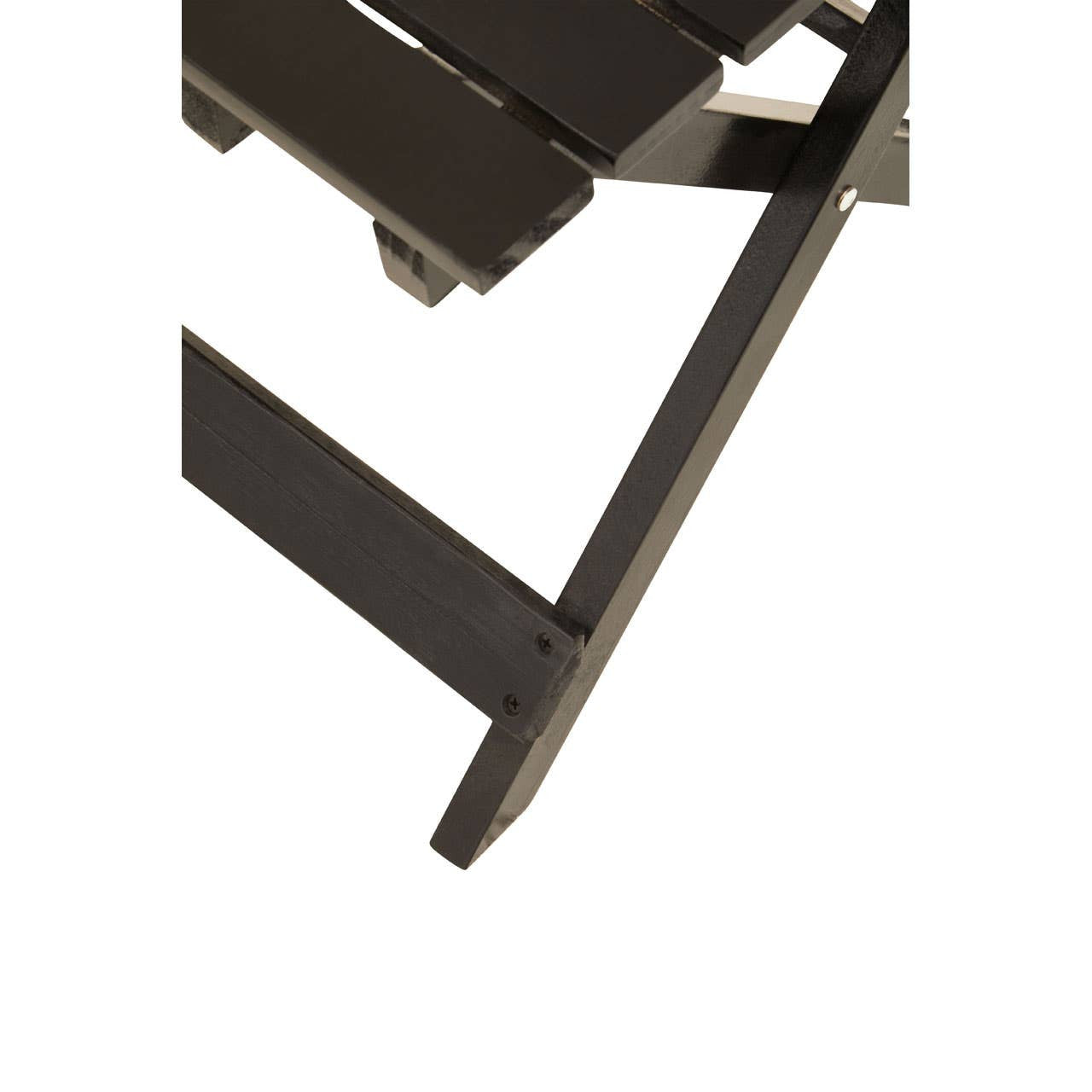 Black wood folding table with a slatted top and sturdy legs, showcasing a corner view that highlights the folding mechanism and smooth finish