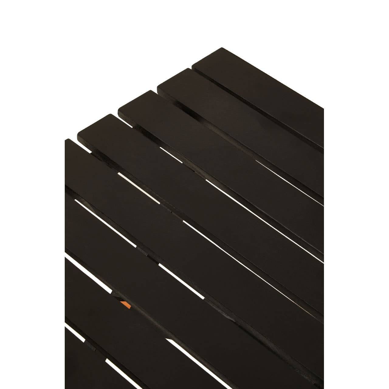 Black wood folding table with a slatted top design, showcasing a sleek and modern aesthetic. The table is partially folded, highlighting its compact form and versatility for space-saving
