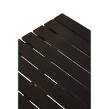 Black wood folding table with a slatted top design, showcasing a sleek and modern aesthetic. The table is partially folded, highlighting its compact form and versatility for space-saving