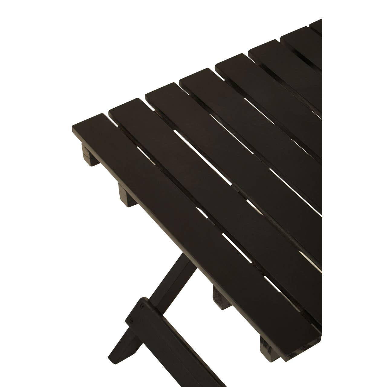 Black wood folding table with a slatted top and a sturdy support frame, showcasing a corner view that highlights its compact design and versatility for indoor or outdoor use