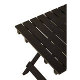 Black wood folding table with a slatted top and a sturdy support frame, showcasing a corner view that highlights its compact design and versatility for indoor or outdoor use