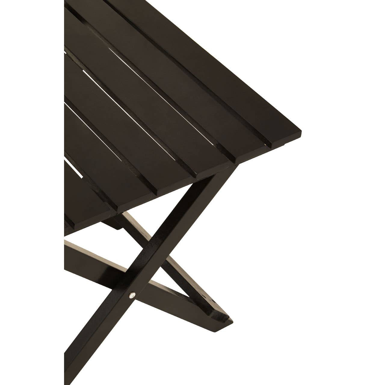 Black wood folding table with a slatted top and crossed legs, showcasing a sleek and modern design. The table is partially visible, highlighting its sturdy construction and compact folding feature