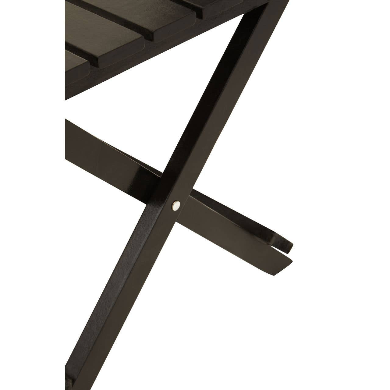 Close-up view of the Beauport Black Wood Folding Table, showcasing the sturdy black wood surface and the X-shaped support legs, highlighting the folding mechanism for easy storage
