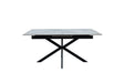 A modern rectangular dining table with a light gray stone-look top and a black metal X-shaped base, shown against a plain white background.