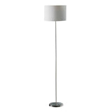 Modern floor lamp with slim metal base and white fabric drum shade