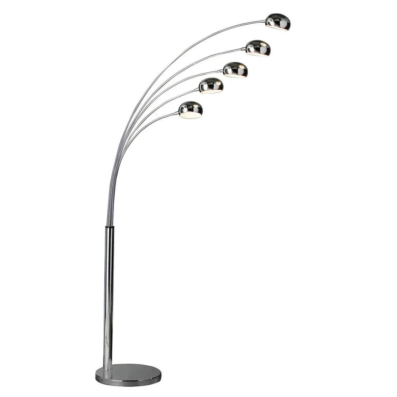 Chrome arc floor lamp with five adjustable curved arms and dome-shaped lamp heads