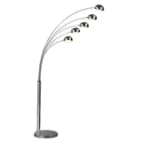 Chrome arc floor lamp with five adjustable curved arms and dome-shaped lamp heads