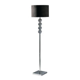 Chrome floor lamp with black drum shade and stacked glass spheres on metal base