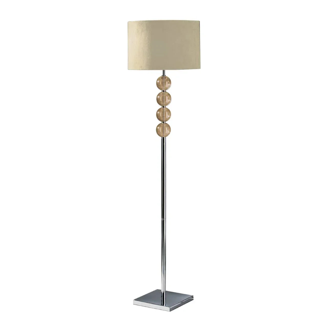 Modern floor lamp with chrome stand, glass ball accents, and beige drum lampshade