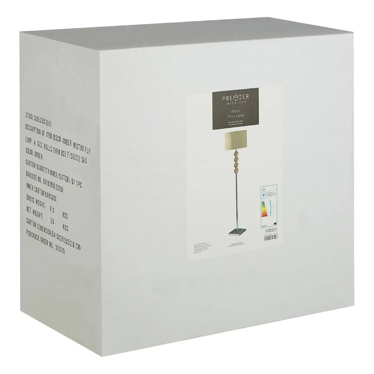 Amber floor lamp in retail packaging box with product details and lamp image visible