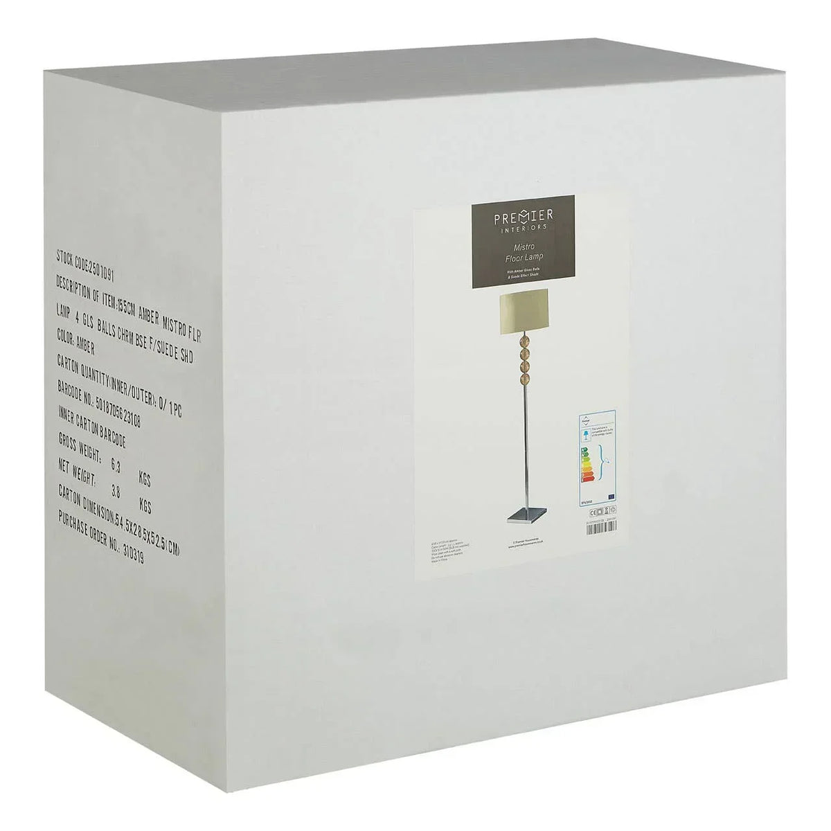 Amber floor lamp in retail packaging box with product details and lamp image visible