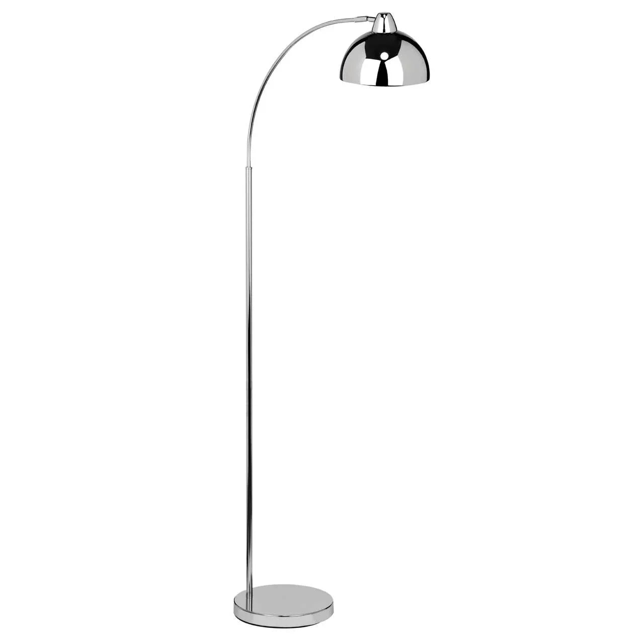 Chrome arched floor lamp with round base and dome shade, modern lighting design