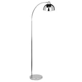 Chrome arched floor lamp with round base and dome shade, modern lighting design