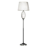 chrome floor lamp with white fabric shade and decorative oval glass detail