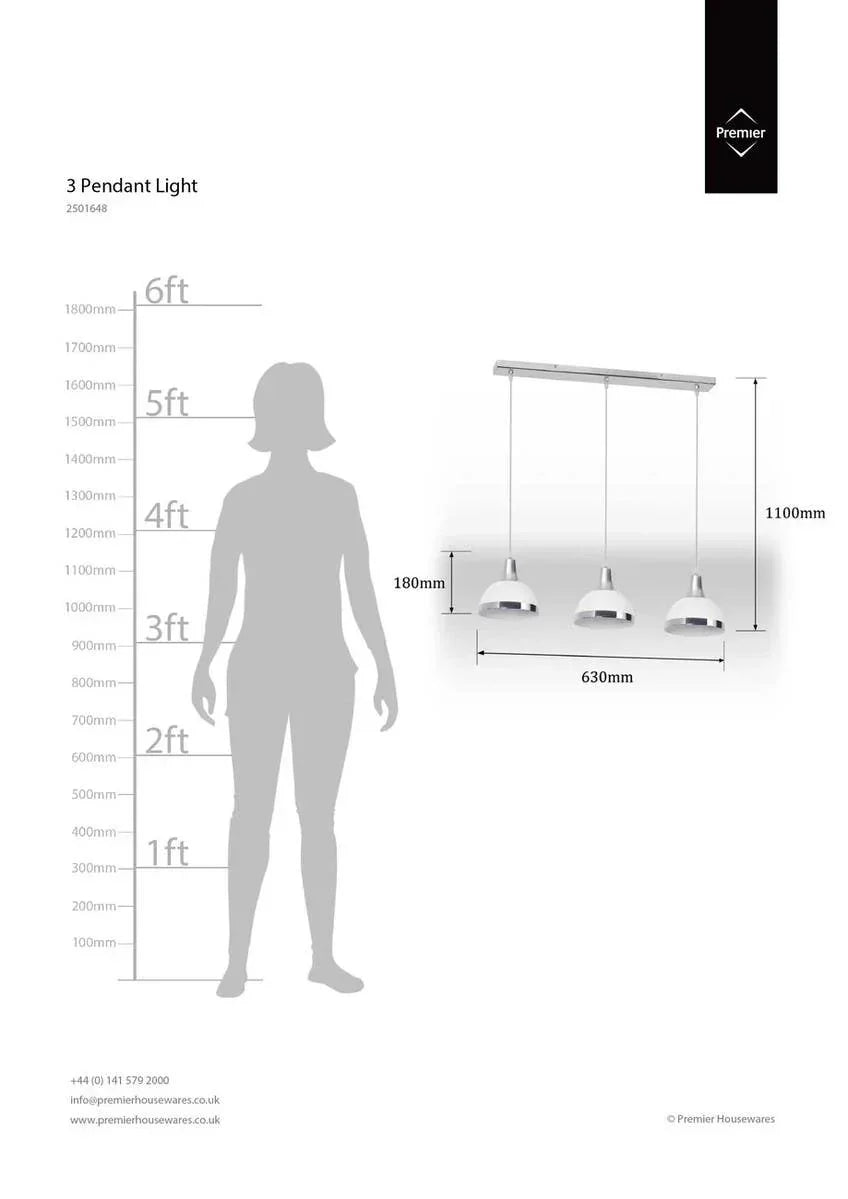Three pendant light fixture with chrome shades, 1100mm drop and 630mm wide, product diagram