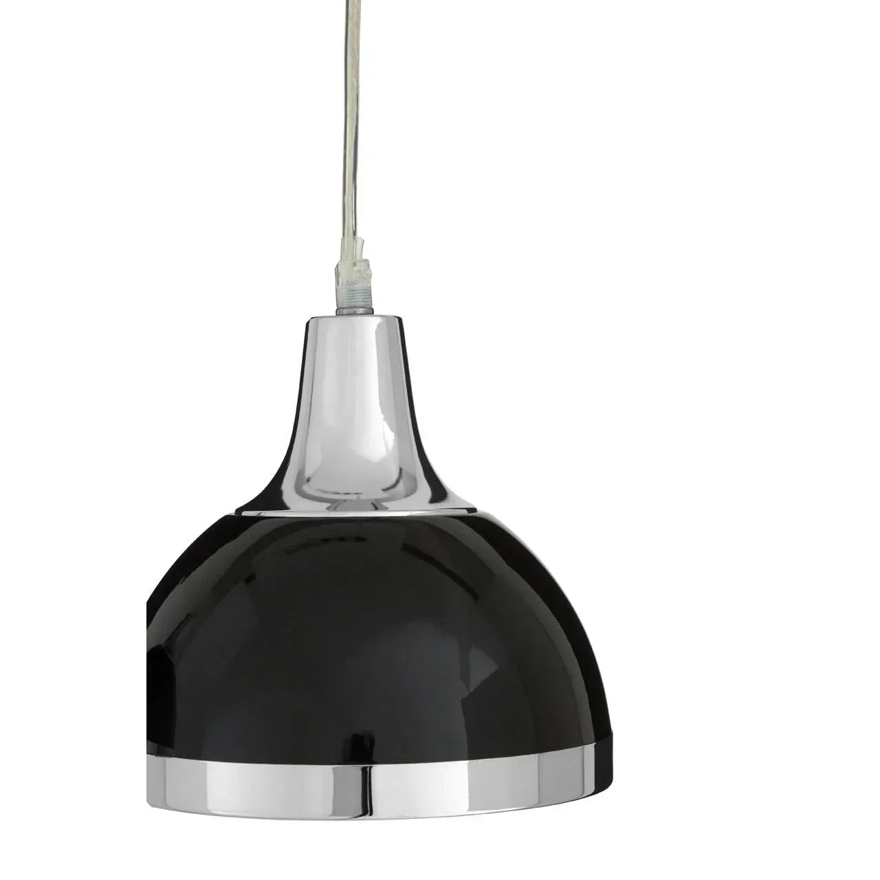 Black and chrome pendant ceiling light with metallic finish on white background