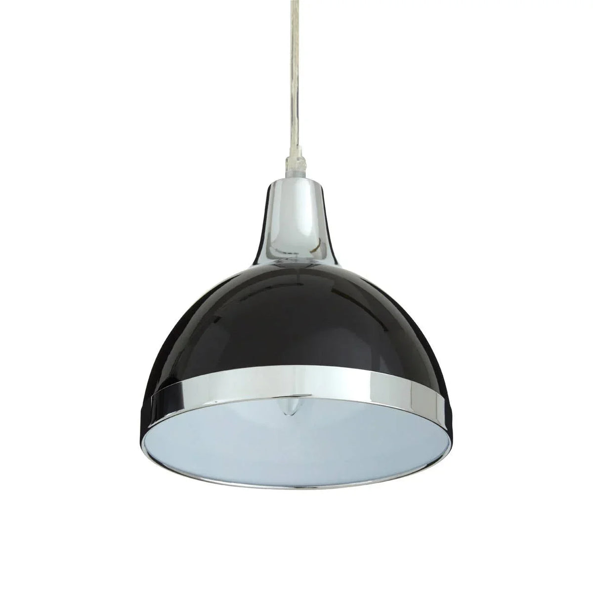 Black metal pendant ceiling light with chrome trim and white inner shade