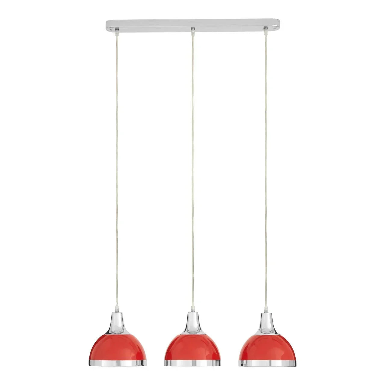Triple red pendant light fixture with chrome accents for modern dining room lighting