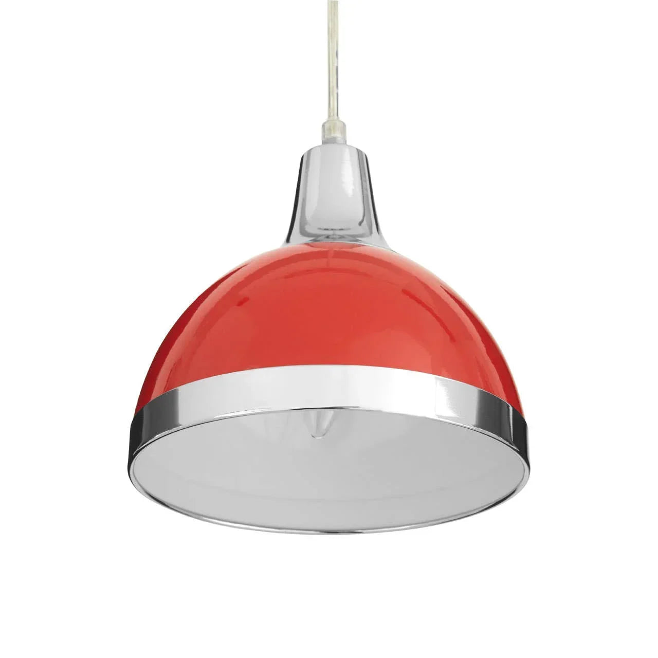 Red dome pendant light with chrome trim and white interior, ceiling hanging view