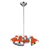 Chrome ceiling light with four orange metal lamp shades in industrial style