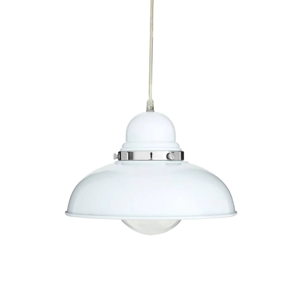 white pendant ceiling light with metal dome shade and chrome detail