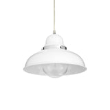 White pendant ceiling light with dome metal shade and exposed bulb