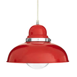 Red metal pendant light with dome shade and chrome accent hanging from white cord