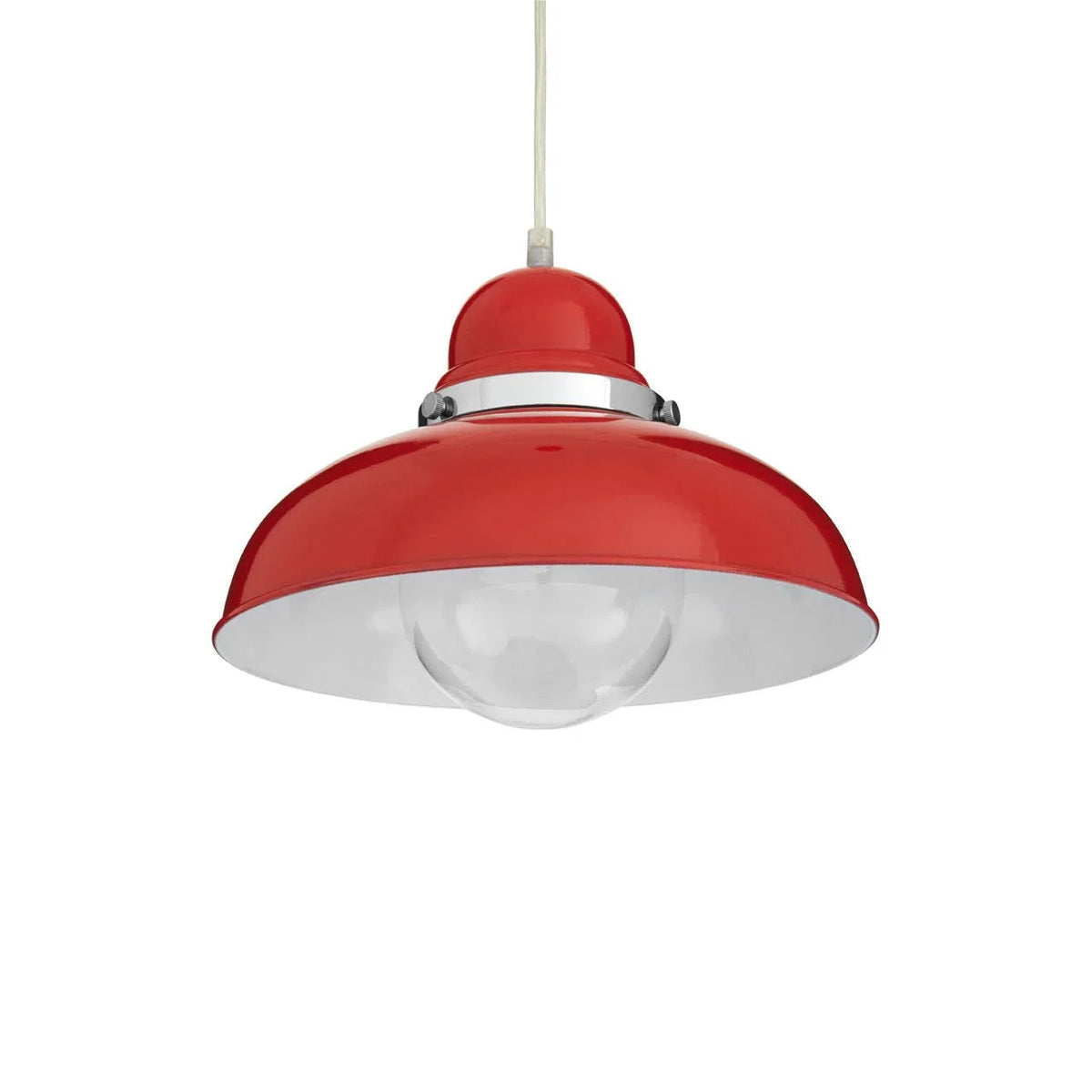 Red metal pendant light with dome shade and white interior, hanging from ceiling
