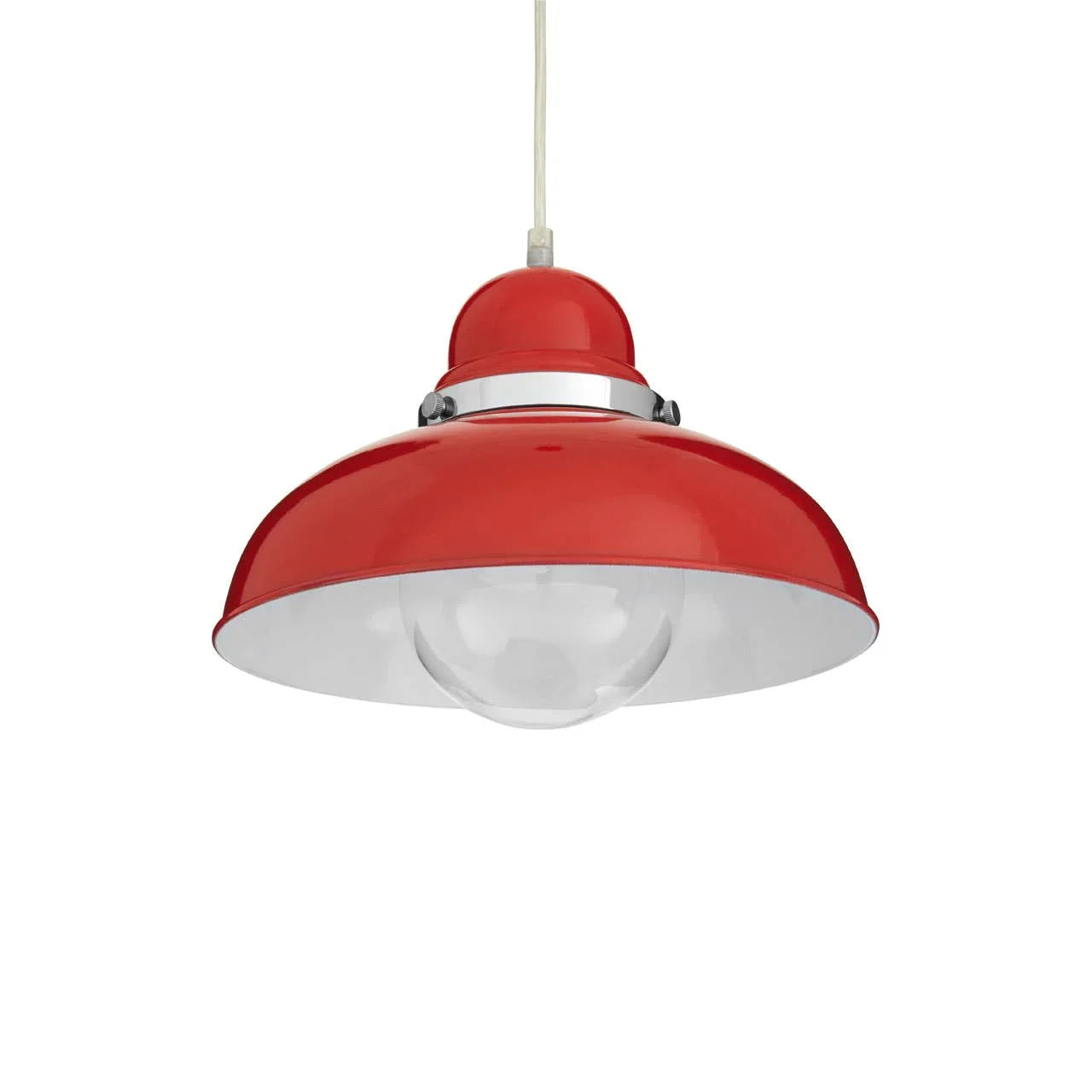 Red metal pendant light with dome shade and white interior, hanging from ceiling