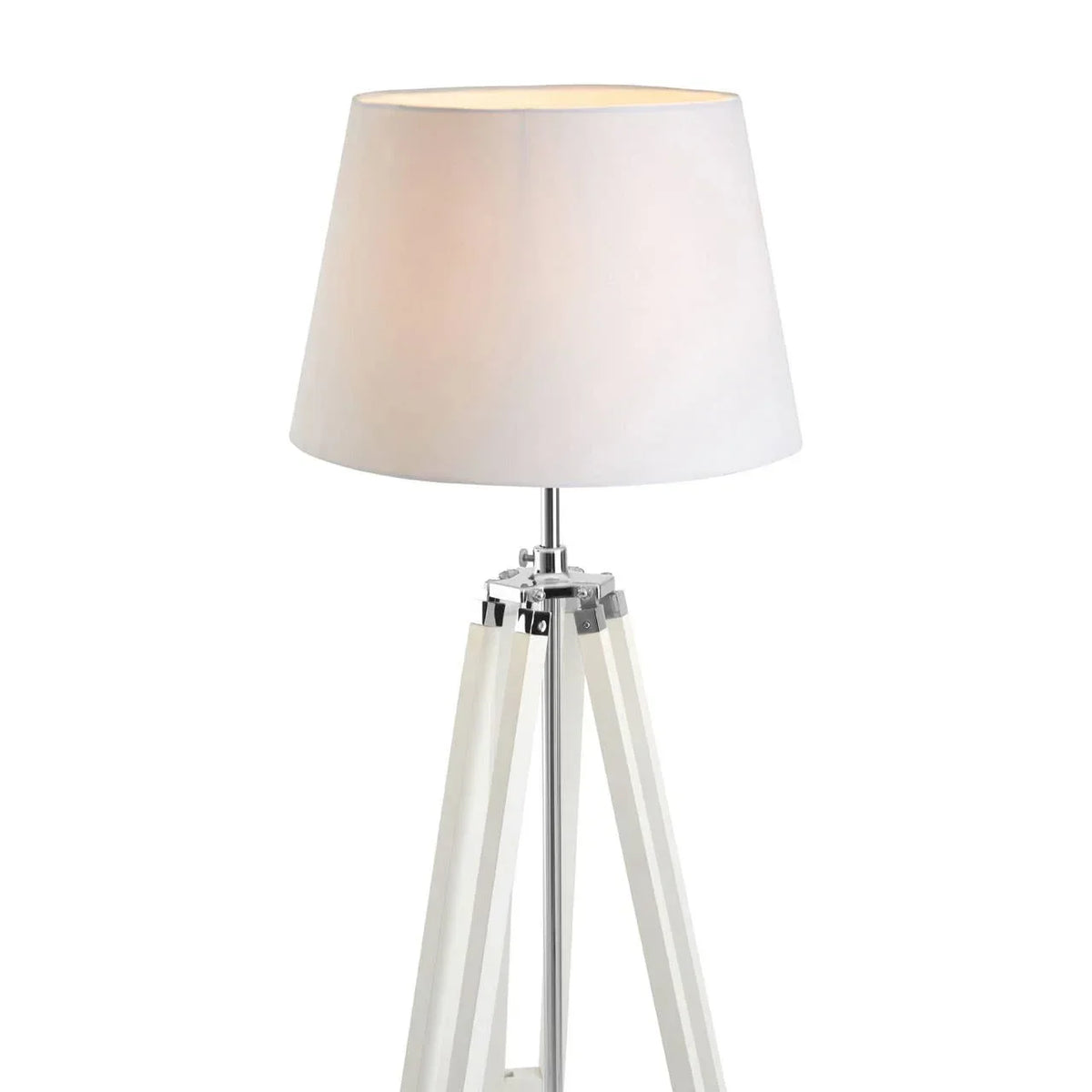White tripod floor lamp with drum shade and chrome accents