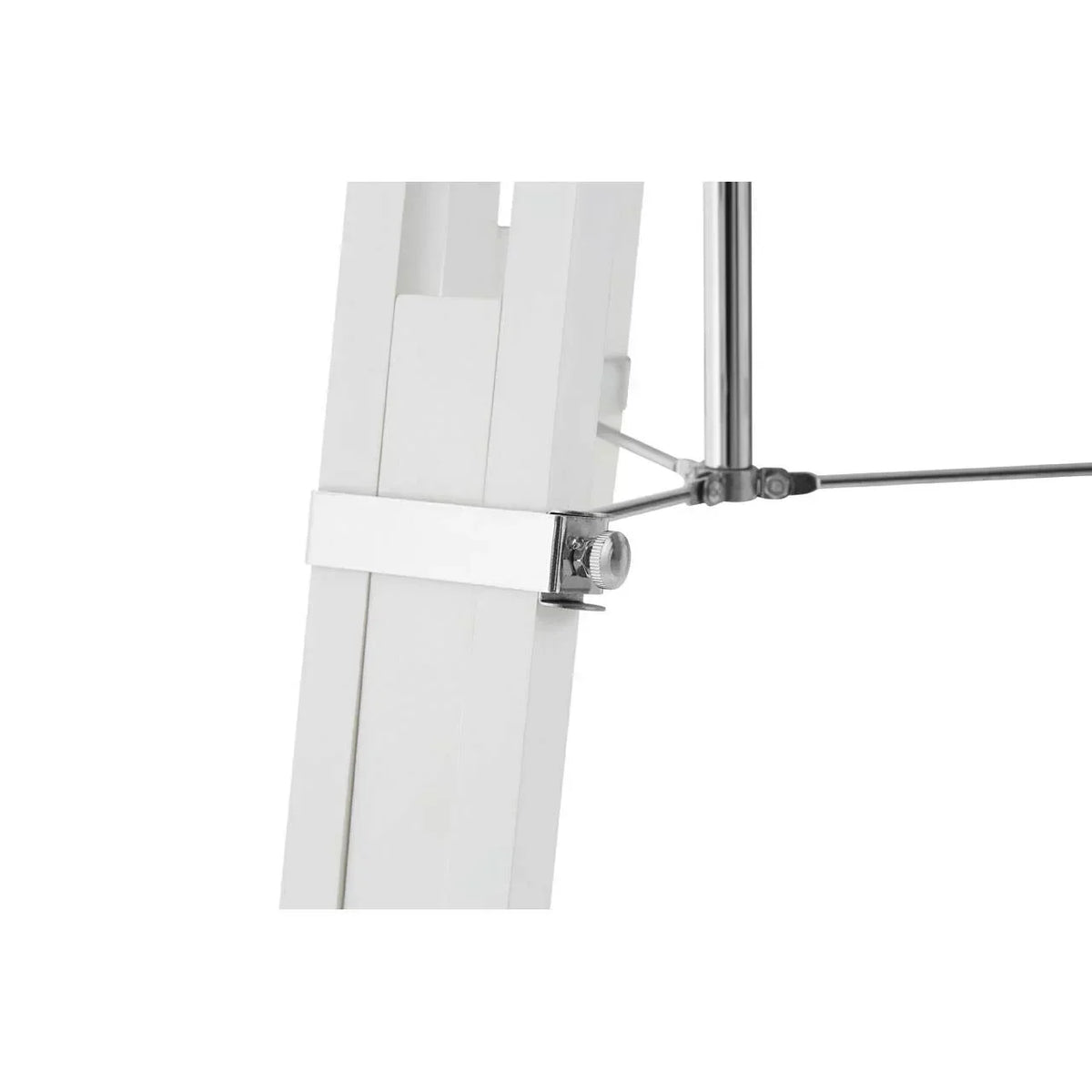 White furniture leg with adjustable metal support bracket and bolt detail