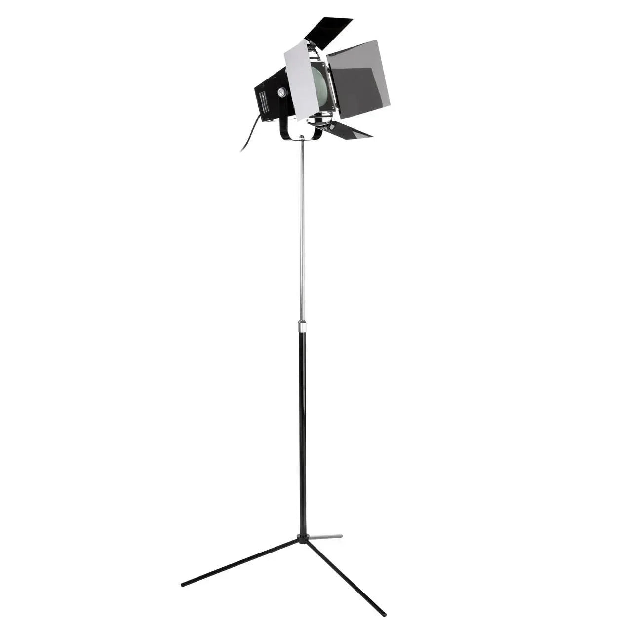 Black tripod floor lamp with spotlight head and adjustable height pole