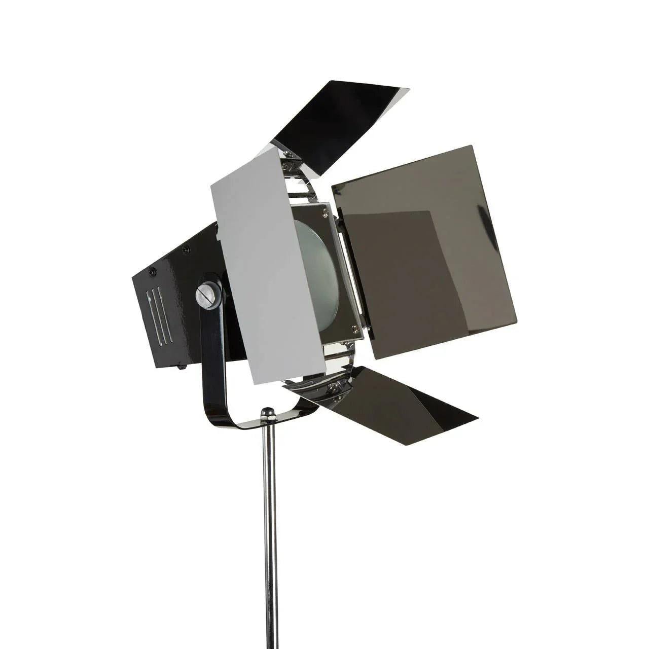 Adjustable black and chrome industrial floor lamp with spotlight design and barn doors