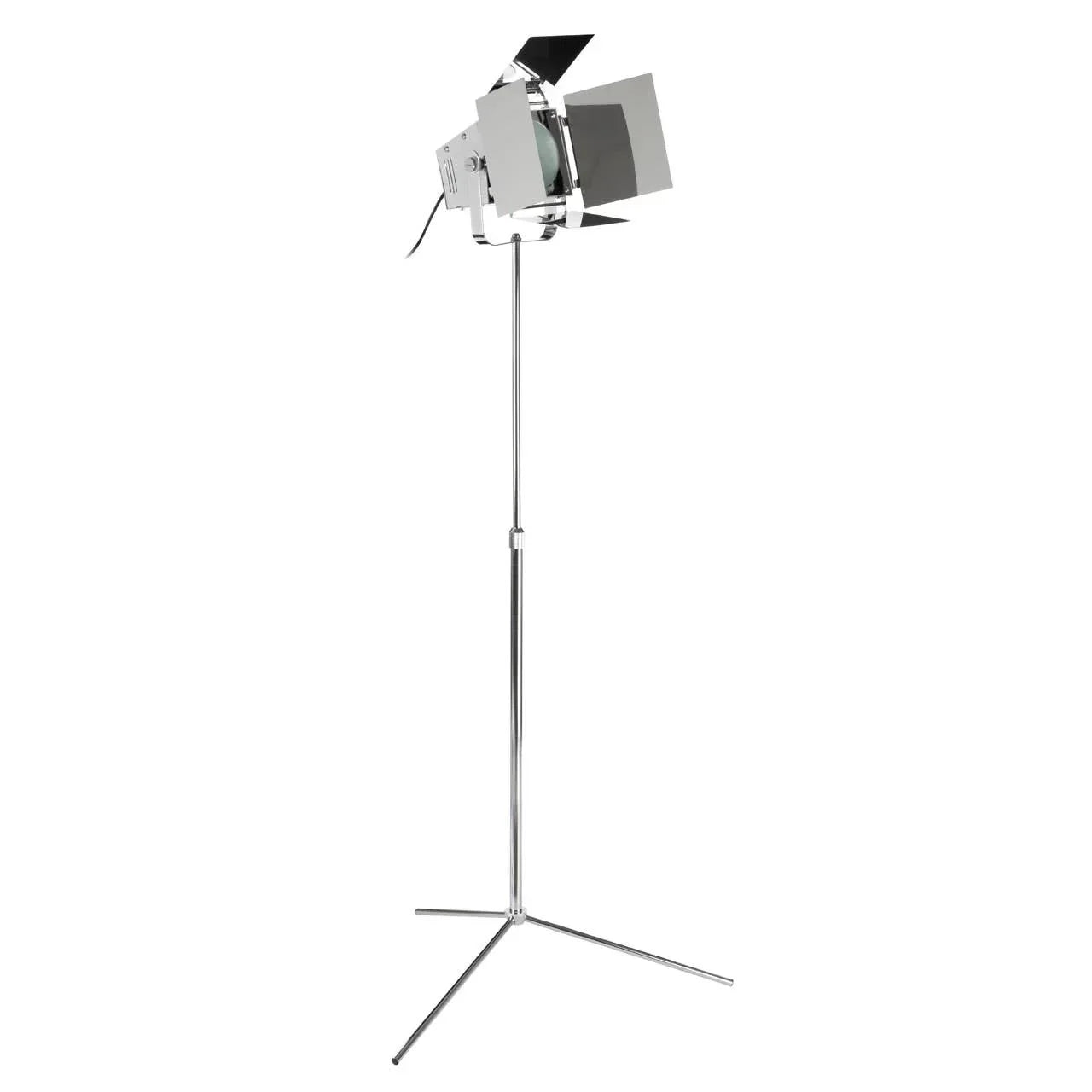 Chrome floor lamp with adjustable tripod base and industrial spotlight head