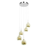 Modern glass cluster pendant ceiling light with chrome base and five hanging lamps