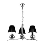 Chrome chandelier with three black fabric shades and curved arms